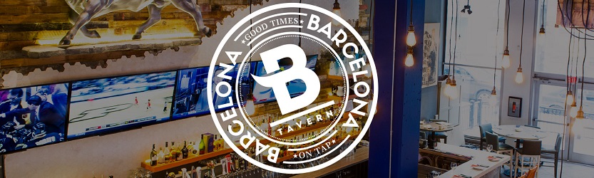 Barcelona Tavern logo overlay on photo of bar