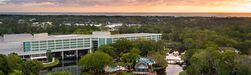 aerial photo of the Sawgrass Marriott during sunset